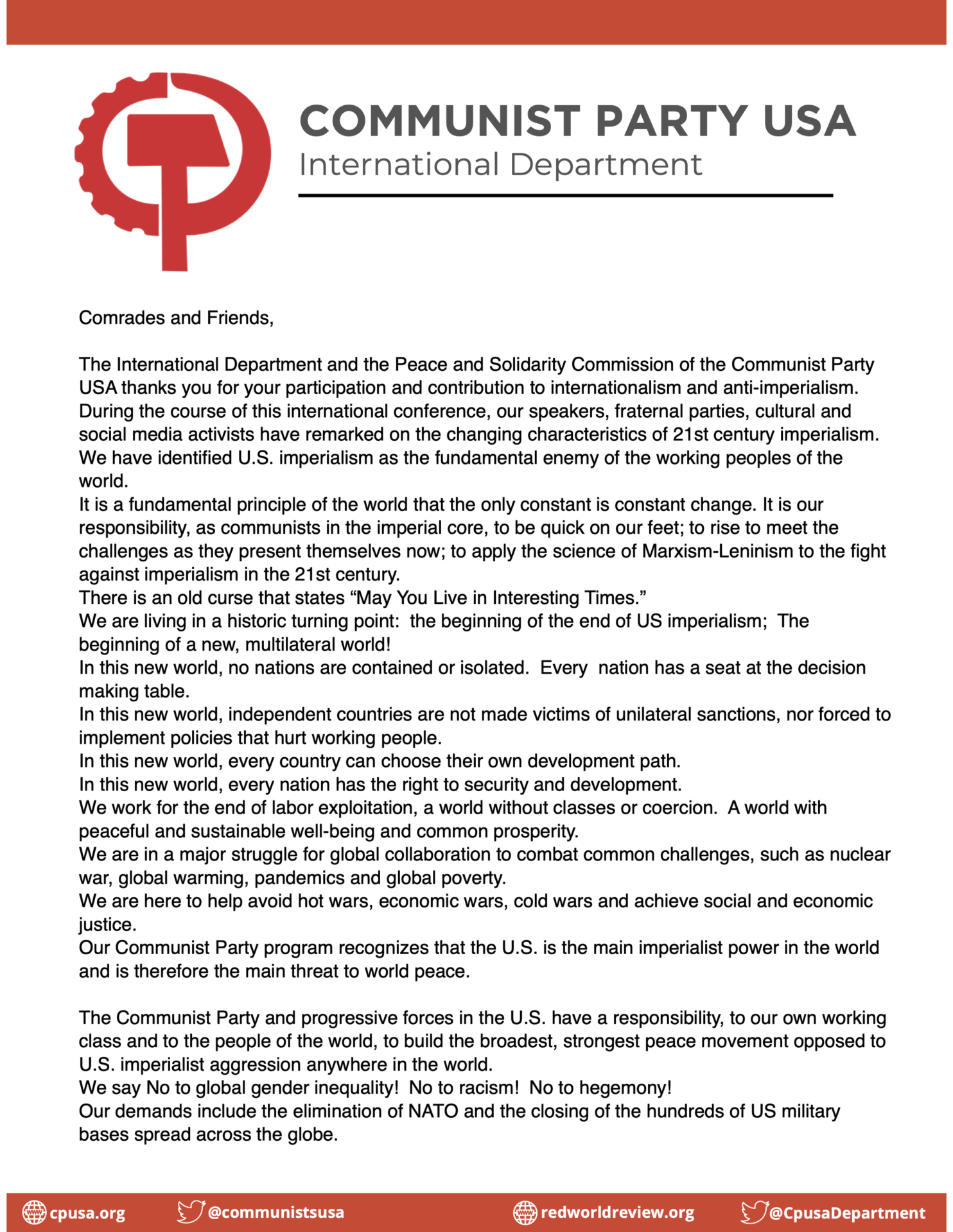 CPUSA International Department Summary Statement on the Successful International Conference
