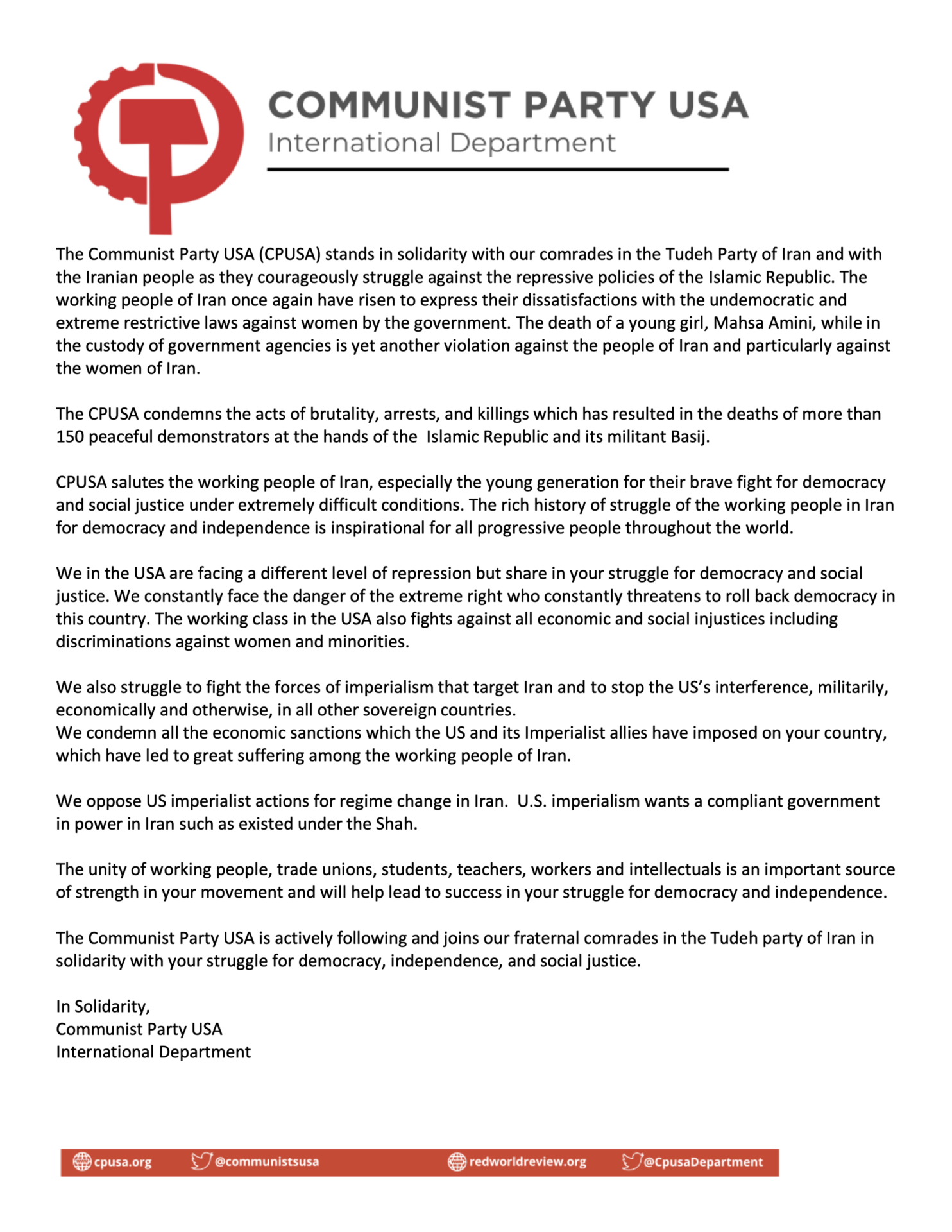 CPUSA Letter of Solidarity with the Tudeh Party of Iran